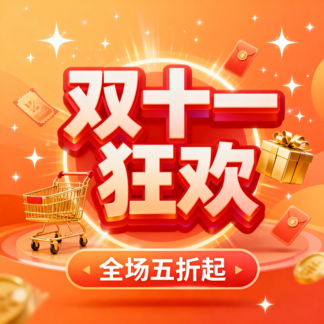 双十一促销海报，画面中央是醒目的“双十一狂欢”四个大字，字体设计成红色渐变立体效果，周围环绕着金色的购物车、礼盒、优惠券等元素，背景是热闹的橙色渐变，点缀着闪烁的星星和光效，底部有“全场五折起”的促销预览效果