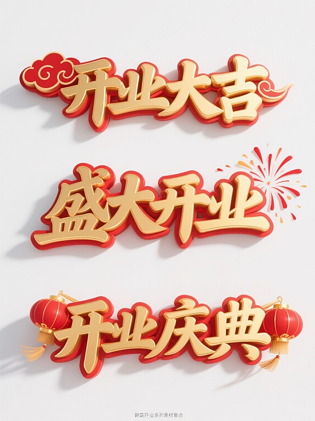一张设计精美的新店开业系列素材集合海报，采用纯白色纯色背景，保持原图中金色立体书法文字的艺术风格，文字具有光泽感和红色描边效果，光影运用自然，高光表现突出。画面中规整排布着3个完全不同造型的新店开业元素内容：第一个元素是金色立体书法“开业大吉”配以红色祥云图案；第二个元素是金色立体艺术字“盛大开业”搭配红色礼花绽放效果；第三个元素是金色立体文字“开业庆典”与红色灯笼图案组合。每个元素都保持统一的金色主色调和红色辅助色，整体视觉风格协调一致，营造出喜庆、隆重的开业氛围，信息传达清晰高效，符合新店开业的宣传目的和喜庆氛围。