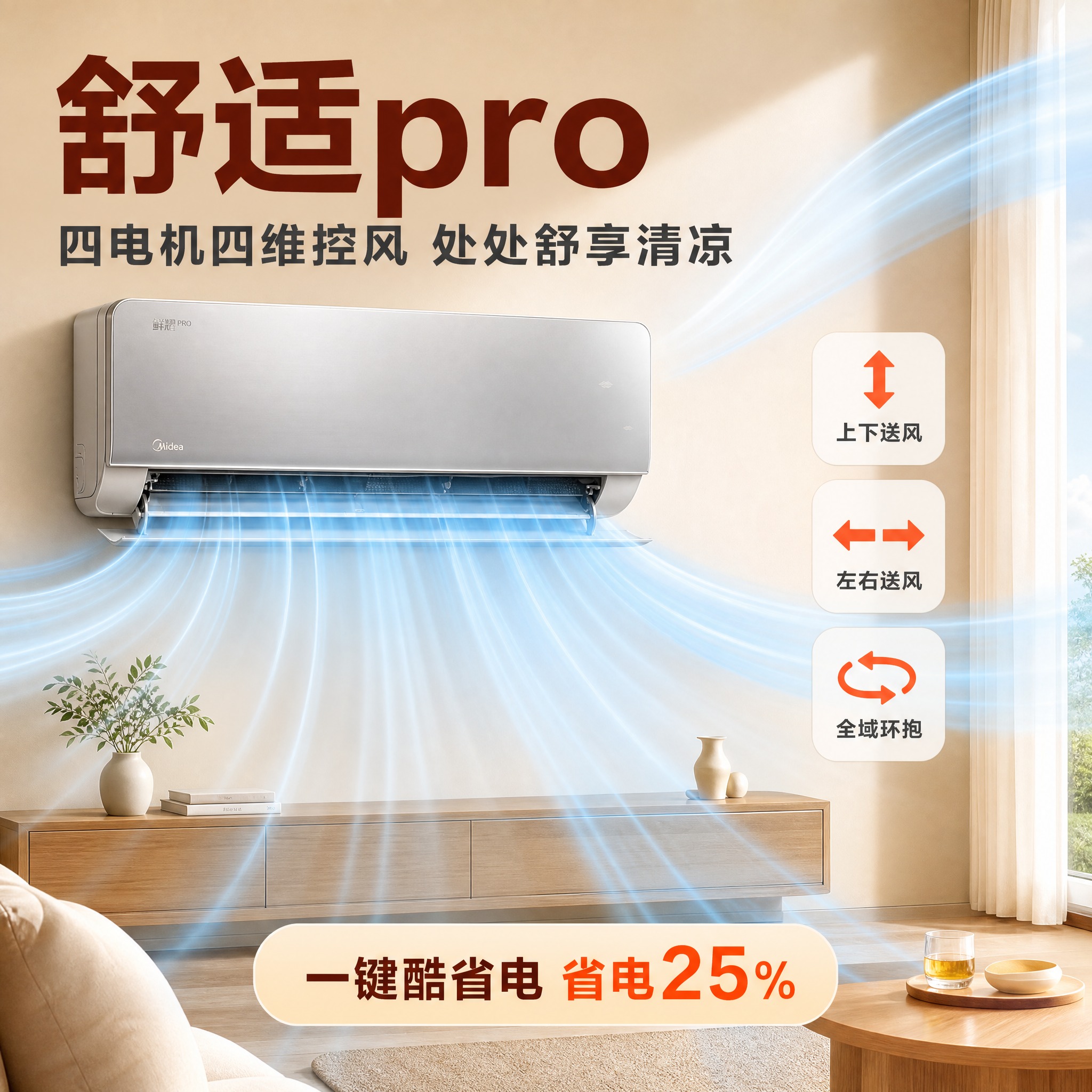 [主图-2] 舒适pro卖点主图，突出四电机四维控风与清凉体验… - 图片创意预览