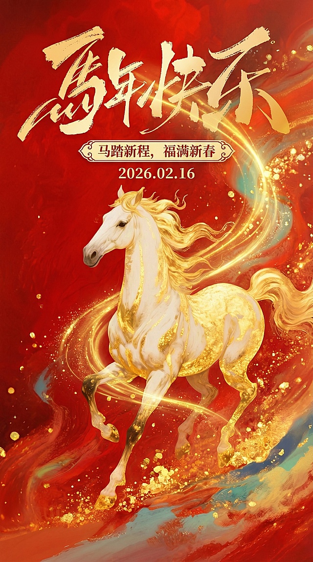 帮我生成一张马年新春海报，头顶有新年快乐的文字，