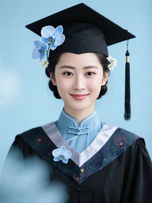 女生，学士服证件照，复古妆容，古典低盘发戴学士帽，黑色穗子，头上簪两朵浅蓝色的蝴蝶兰和白色小花，黑色学士服领口有复古花纹，内衬是淡蓝色旗袍盘扣领口，浅蓝色朦胧背景，微笑预览效果