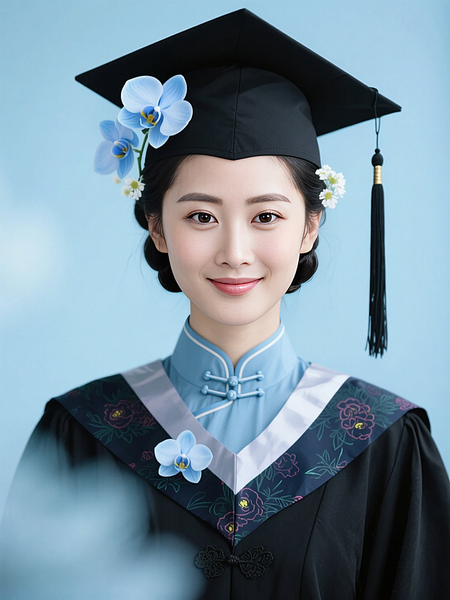 清新优雅的中式国潮风毕业照，蓝色兰花点缀，唯美设计感十足。