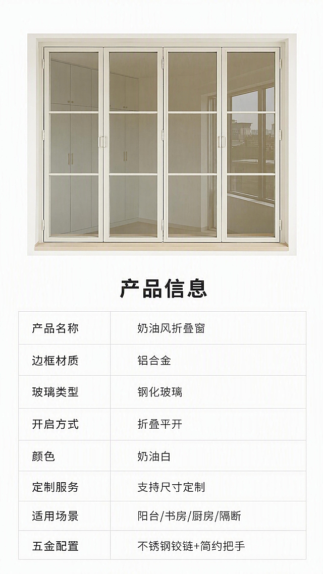 [第8张] 详情页产品信息页-白色折叠窗规格参数表。本张使用【图1】作为产品示意，保持外观一致。
[氛围/风格] 极简专业风，信息清晰规整，参数表一目了然，商业摄影质感。
[元素布局] 画面上半部分为折叠窗正面全貌小图（关闭状态），居中展示，占比约35%；下半部分为规格参数表，采用左右两列布局；窗的外观结构与输入图一致。
[光影质感] 均匀柔光，产品平整清晰，参数表区域干净无杂物。
[配色色系] 全局底色 #FFFFFF 纯白；主色白色窗框；辅助色浅灰表格线、深灰文字、黑色标题。
[视角构图] 正面平视视角，上图下表的上下构图，阅读动线顶部产品示意→底部参数表。
[文字版式] 参数表上方标题「产品信息」，居中粗体；参数表包含以下字段：产品名称「奶油风折叠窗」、边框材质「铝合金」、玻璃类型「钢化玻璃」、开启方式「折叠平开」、颜色「奶油白」、定制服务「支持尺寸定制」、适用场景「阳台/书房/厨房/隔断」、五金配置「不锈钢铰链+简约把手」；表格为浅灰细线分隔，文字左对齐，清晰易读。
[比例分辨率] 9:16竖版比例，4K分辨率，文字清晰可辨，高清画质。
[负向提示词] 产品变形，参数错乱，文字模糊，水印，表格歪斜，背景杂乱。