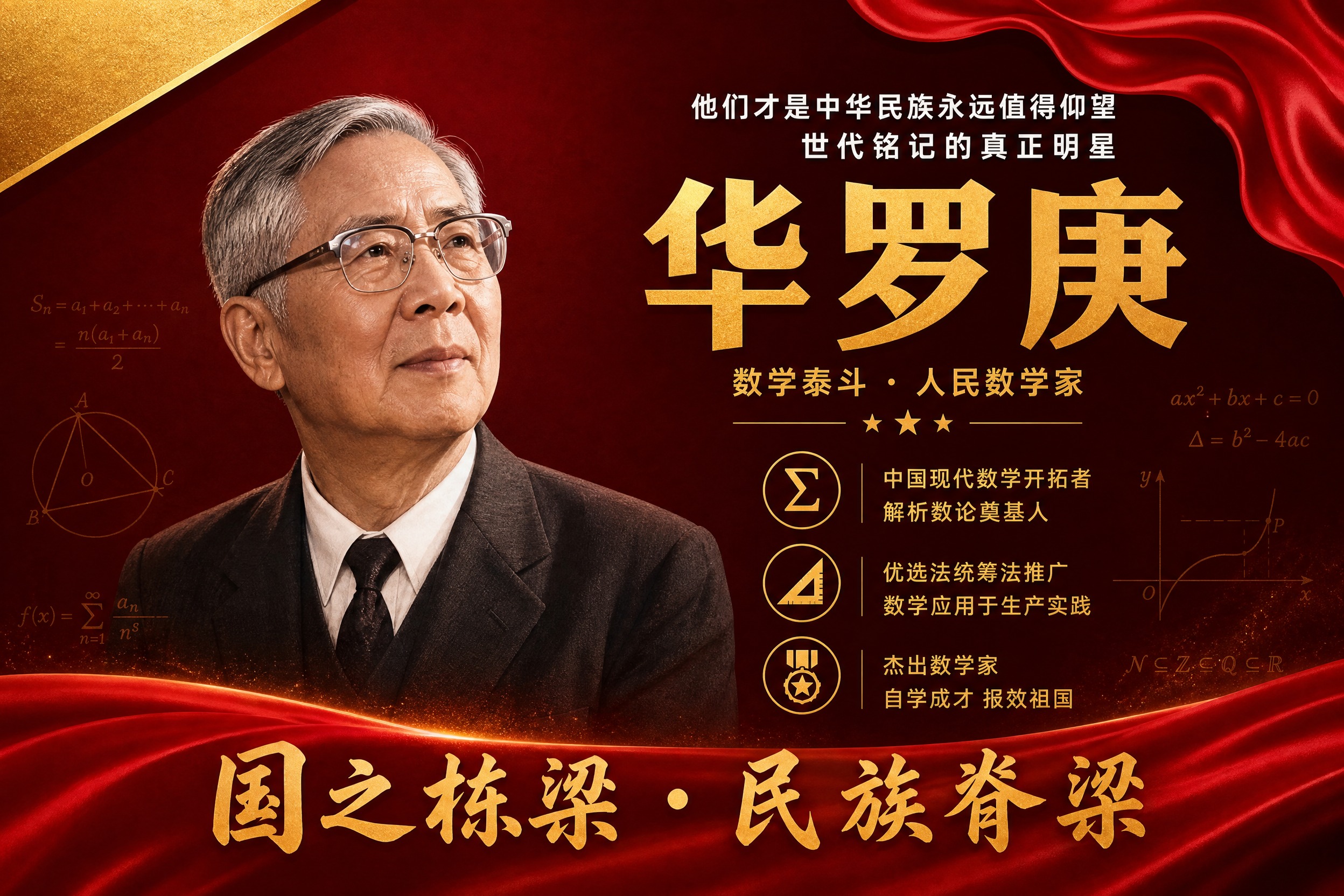 横版国之栋梁人物挂画海报，华罗庚主题，参考图风格复刻，红金配色… - 图片创意预览