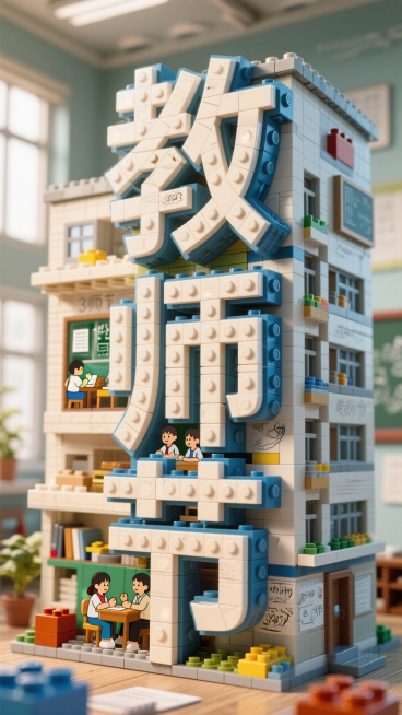 字体设计融合乐高元素与 3D 立体建筑风格，搭配手绘插画与创意字体，色彩鲜明且富有艺术美感。整体以 “教师节” 为核心文字，将建筑形态融入字体结构，尤其在 “师” 字内部巧妙穿插师生课堂互动的温馨画面预览效果