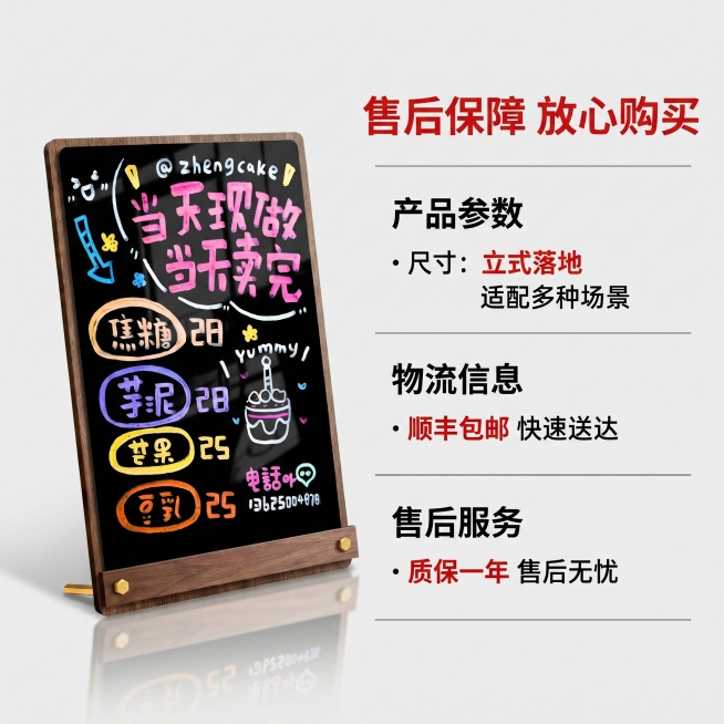 [主图-5] 产品参数与物流保障展示图
[氛围风格] 简洁信息展示，清晰直观
[画质] 商业摄影质感、光线柔和通透、产品清晰真实、画面干净高级
[元素] 木质小黑板放置在画面左侧，右侧区域标注产品核心预览效果