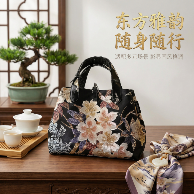 严格还原上传的原图产品细节，保留包身所有设计细节与色彩风格，产品置于新中式雅致场景中（搭配茶器、丝绸围巾、玉饰等中式元素），主标题“东方雅韵 随身随行”以鎏金书法体置于画面右上角，副标题“适配多元场景预览效果