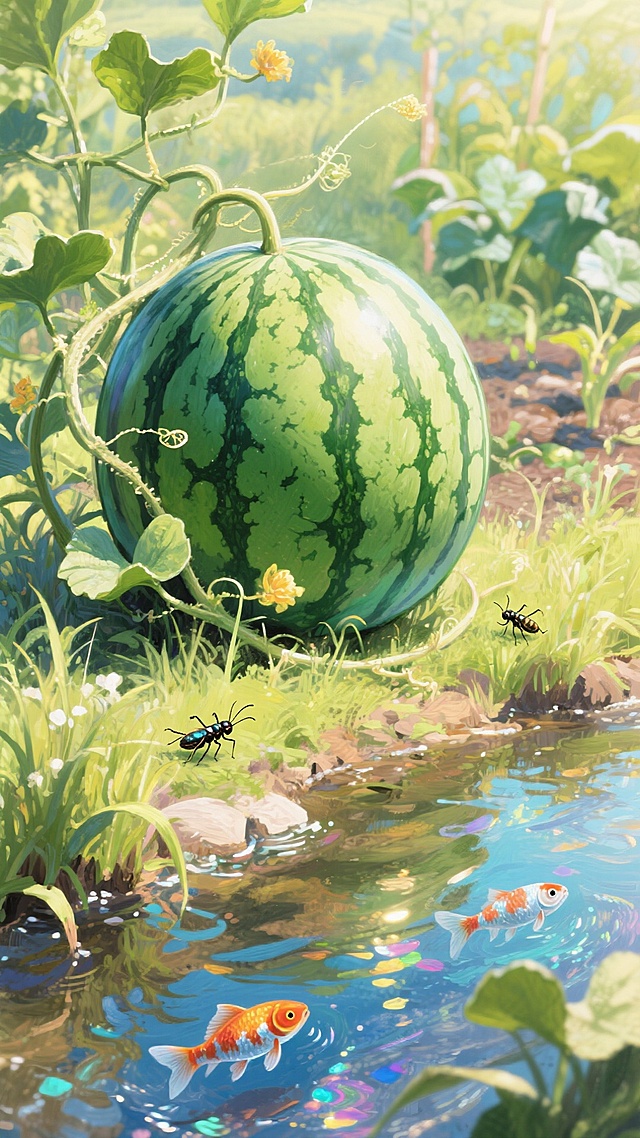 水彩风插画，清新梦幻的夏日田园，厚涂技法呈现西瓜与溪流的唯美意境，金鱼游弋，蚂蚁嬉戏，尽显自然生机与文艺诗意。
