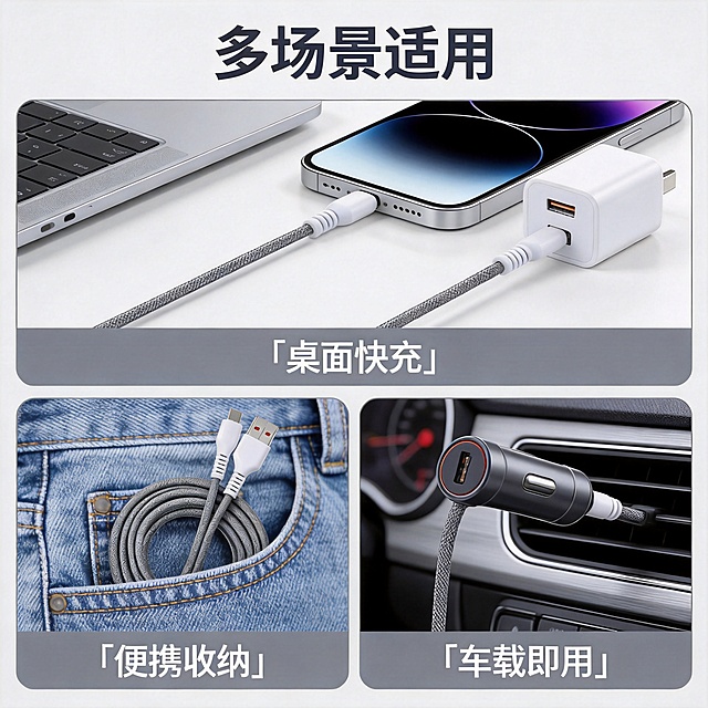「图片1」，生成一套主图（8张），商品名称是超快充数据线把数据线整理一下外观形状变成圆形，数据线头和细节一比一还原生成，卖点是充电快不伤机耐用不打结原装平替 有两个颜色 灰色和金色，适配拼多多平台，主图比例为1:1