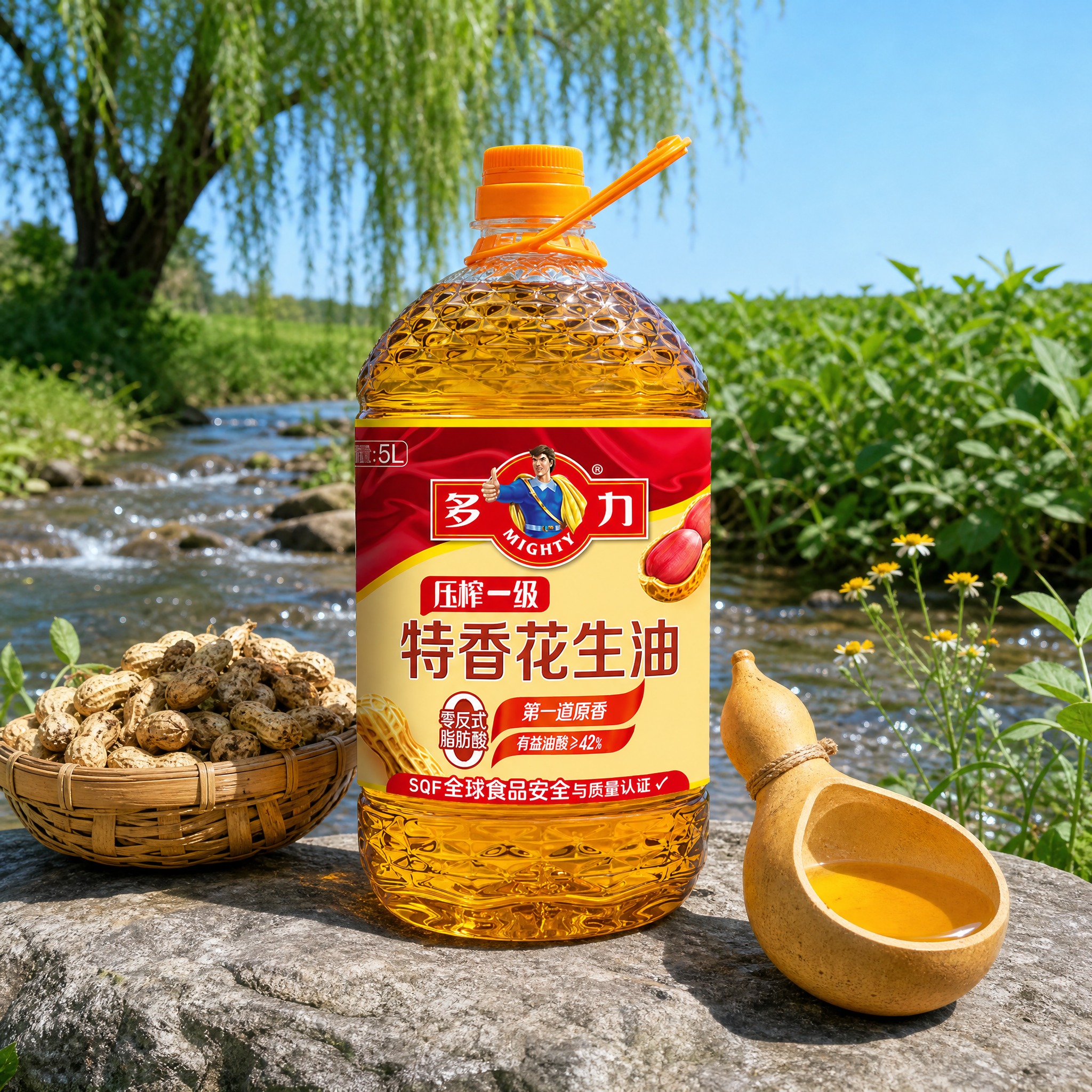 超写实商品摄影。 主体：花生油桶严格参照上传产品图，完整保留所… - 图片创意预览