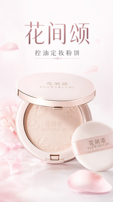 花间颂FLOWERLURE粉饼H5封面，清新简约干净高级风格，浅白色背景搭配淡粉色，居中展示花间颂晨雾高清粉饼产品，上方大字标题"花间颂"，副标题"控油定妆粉饼"，美妆感设计，整体干净不花哨，适合年轻预览效果