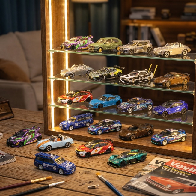 消除图片中的吻戏图标。保持图片中的汽车模型，外观颜色不变，生成一张车模爱好者收藏场景。有灯光玻璃展架，和书桌上零散摆放的车模。要求背景模糊状显示，聚焦车模，整体有层次感，车模细节质感金属感加强。风格治预览效果