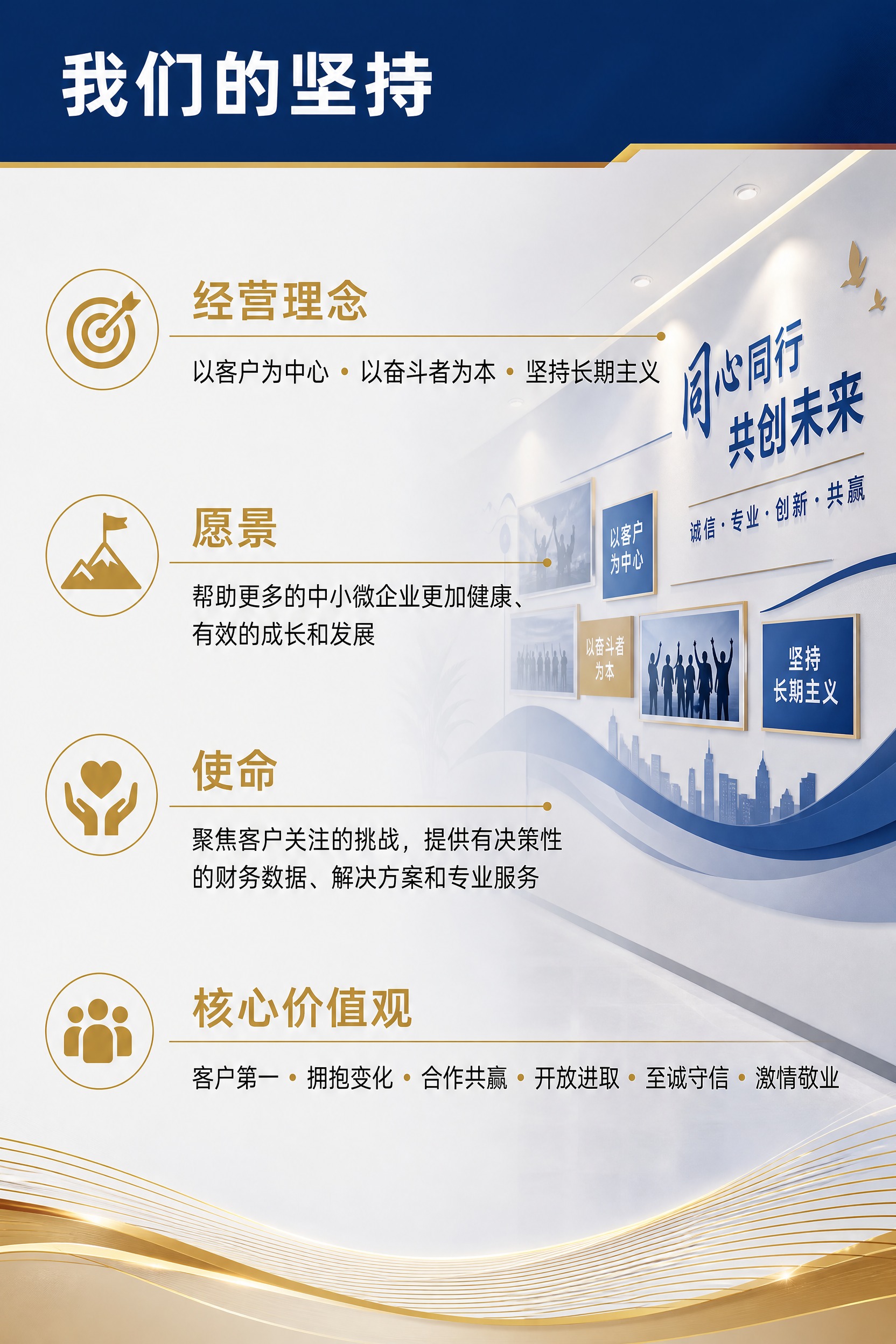 企业宣传册内页，企业文化介绍，蓝金商务风格，A4竖版。顶部深蓝… - 图片创意预览