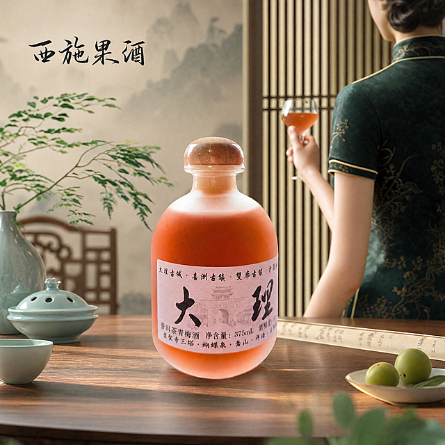 商业化精修果酒瓶，保持酒瓶字体清晰，提升整体质感与高级感
主体：果酒瓶严格参照上传产品图，完整保留所有可见组件、轮廓、结构、比例、材质、颜色与产品本体上的文字信息（‘大理’‘普洱茶青梅酒’等），保证标签字体清晰；自然融入场景光影，与场景共处同一物理空间。
新增元素：一位身着复古旗袍的女性（不露脸，仅展示背影/侧影/手部），优雅端着一只果酒杯，杯中盛有与酒瓶同色的橙粉色酒液。
背景：新中式风格场景，含木质格栅、宣纸屏风、青瓷小件、绿植等元素，营造静谧雅致氛围。
构图与承载：酒瓶置于前景桌台中央为主视觉焦点，人物位于画面右侧或后方侧位，姿态端庄，与酒瓶形成呼应关系；产品与人物、杯具符合真实尺寸与透视，放置平稳。
文字：添加文案“西施果酒”，为适中大小的黑色手写书法字，柔和不抢眼，置于画面左上留白处。
风格：新中式轻奢+人文意境高级感
配色/材质：橙粉透亮酒液，玻璃瓶晶莹，复古旗袍（如墨绿/靛蓝/酒红底+金线纹样），木质桌台，青灰背景；整体和谐高级
光影：主光来自斜前方45度柔和自然光，突出酒液通透感与人物衣物质感，保证标签文字清晰可见
严格锁定宽高比为 1:1