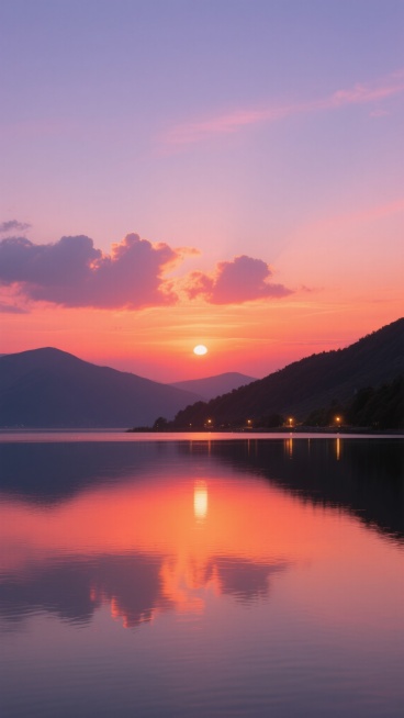 宁静的晚霞景象，天空呈现从橙红色到淡紫色的渐变色彩，太阳低垂在地平线上，散发出柔和的光芒，云朵被染成温暖的橙色和粉色，水面平静如镜，倒映着天空的绚丽色彩，光线柔和，整体氛围宁静而祥和，远处的山峦轮廓在暮色中若隐若现，山脚下点缀着几处温暖的灯火，营造出一种静谧而温馨的黄昏意境。预览效果