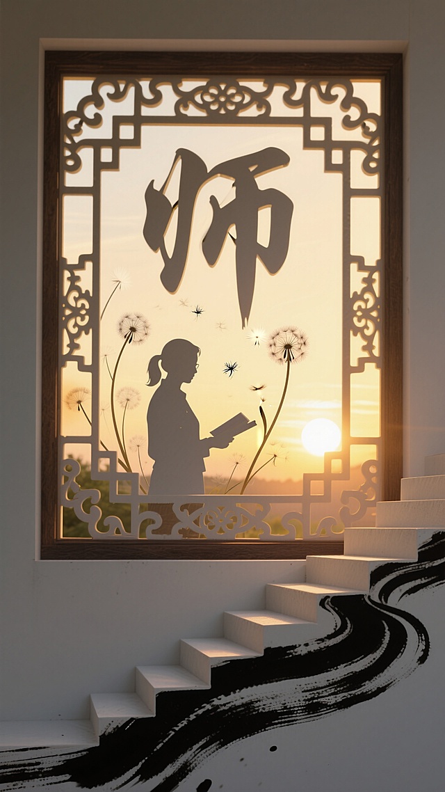 中式剪纸风设计，剪影人物与蒲公英，窗格透光，营造温馨教师节氛围。