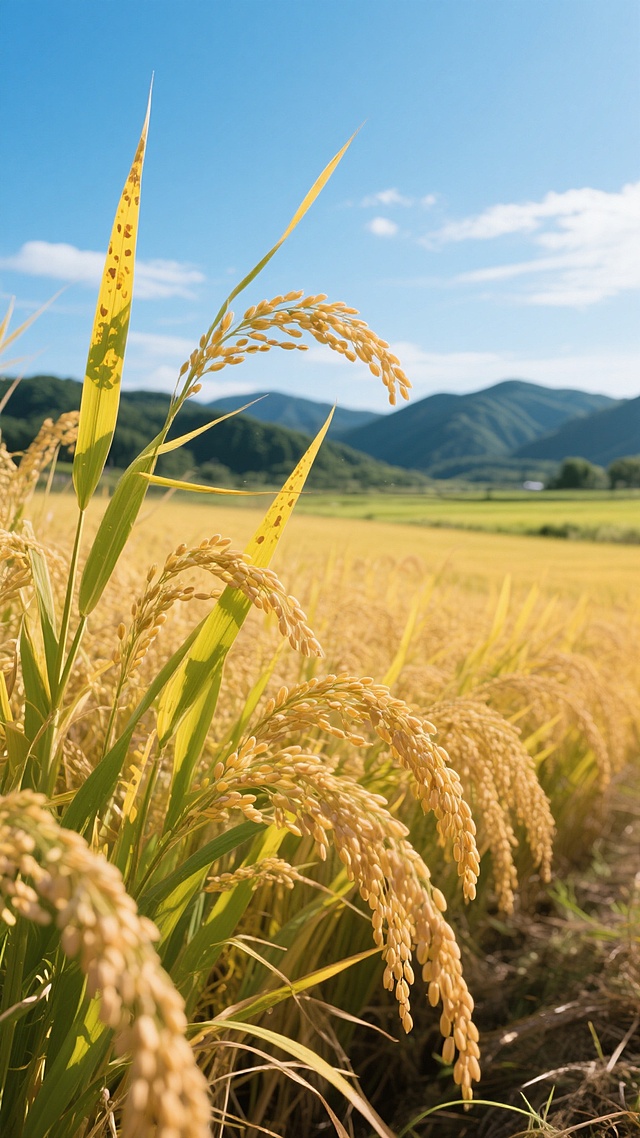 一片成熟饱满的金黄色水稻田，稻穗低垂，颗粒清晰可见，稻叶呈现黄绿渐变的自然色泽，部分叶片带有细微的黄色斑点，阳光下稻穗泛着温暖的光泽，稻穗在微风中轻轻摇曳，姿态自然舒展。背景是晴朗的蔚蓝色天空，点缀着几缕轻薄的白色云彩，远处是连绵起伏的墨绿色山脉轮廓，地平线处有淡淡的绿色田野过渡，整体画面干净通透，光影明亮柔和，符合现实自然逻辑，适合作为背景素材使用的高分辨率写实风格摄影作品。