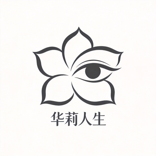 干净的纯白色背景，极简现代平面设计。抽象线条流畅的茉莉花作为图形主体，将茉莉花轮廓与代表思考洞见的眼睛轮廓自然融合设计，线条简约雅致，结构浑然一体。图形下方搭配较小的优雅Bold衬线字体“华莉人生”字预览效果