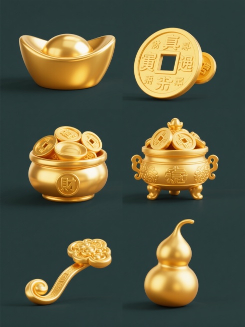 一组6个完全不同的金色传统财富元素的3D渲染集合，每个元素保持与金色元宝相同的高光泽金属质感、温暖金黄色调、光滑曲面和细腻反光效果，元素包括金锭、古钱币、聚宝盆、金币、金如意、金葫芦，均为纯色背景下的写实3D风格，整体采用规整的2x3网格排布，每个元素独立呈现且视觉风格高度统一，共同构成财富主题系列素材。预览效果