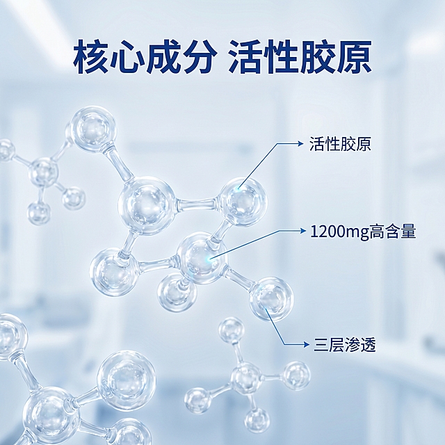 [主图 2] 胶原贴敷料核心成分解析图
[氛围风格] 专业科研医美风，干净通透
[画质] 超写实高精度3D渲染，商业医疗质感，画面清晰干净
[元素] 全屏展示高精度3D微观胶原蛋白分子结构，多个大小不一的半透明胶原分子球错落排列，用纤细蓝色引线标注关键成分位点，每个位点对应小字号文字说明“活性胶原”、“1200mg高含量”、“三层渗透”，营造强烈的科研医学感，整体风格硬核专业。无产品主体，全部聚焦成分结构展示。
[光影] 冷调柔和实验室棚拍光，分子结构边缘通透有高光，背景干净渐变，光影层次分明，突出结构质感
[配色] 背景浅蓝渐变，分子结构半透明白色，标注文字深蓝色，整体专业医疗蓝白配色
[视角构图] 居中对称构图，分子结构占据画面核心位置，层次错落有呼吸感
[文字版式] 标注文字纤细清晰，引线纤细对应正确位置，主标题“核心成分 活性胶原”放置于顶部居中，字号最大粗体深蓝色，说明文字小一号，蓝白对比清晰可读
[比例分辨率] 1:1比例，2k分辨率，文字清晰，画面超高清
[负向提示词] 变形，文字错乱，背景杂乱，配色刺眼，失真模糊，违禁夸大宣传