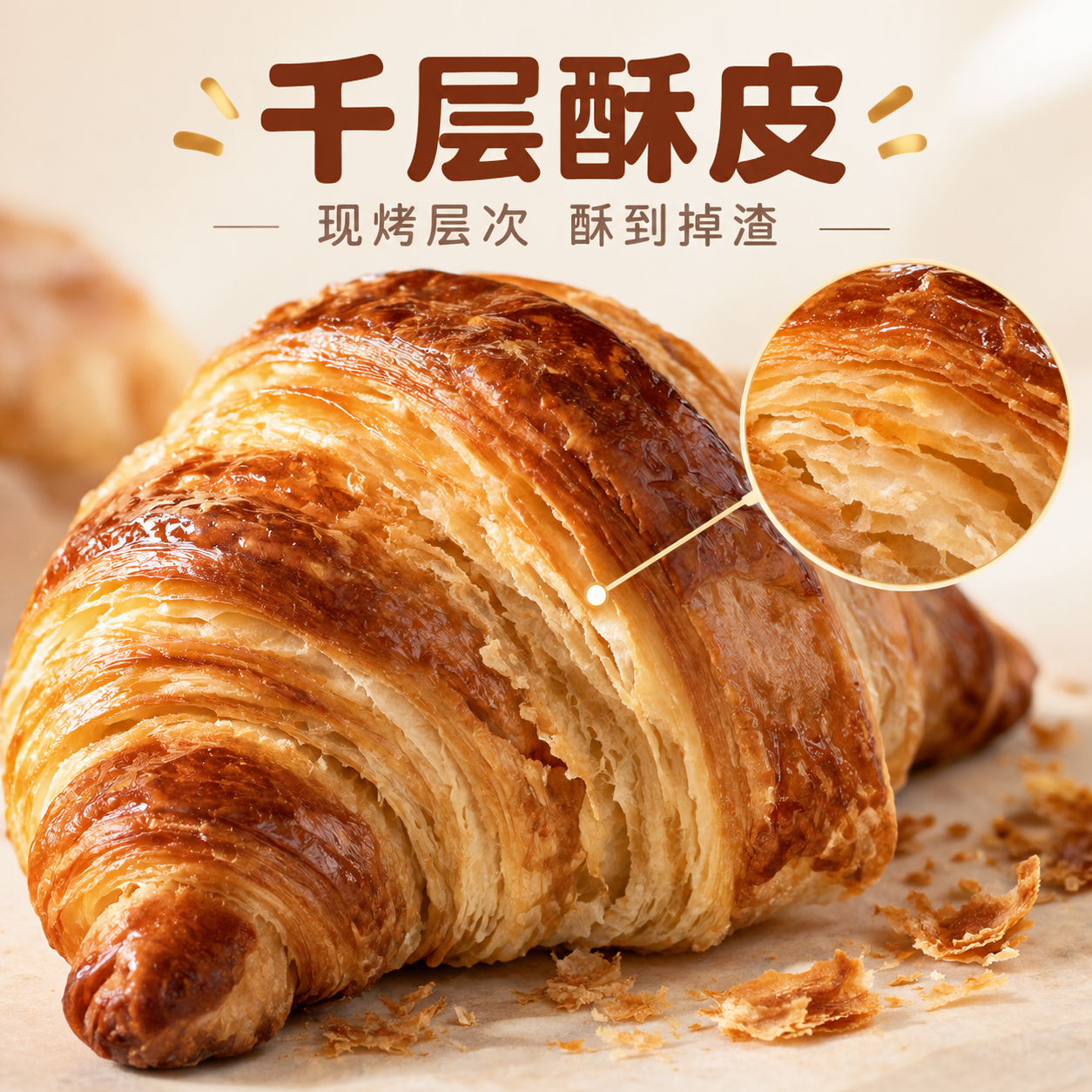[主图-3] 产品细节图，展示千层酥皮与现烤掉渣质感。[统一基… - 图片创意预览