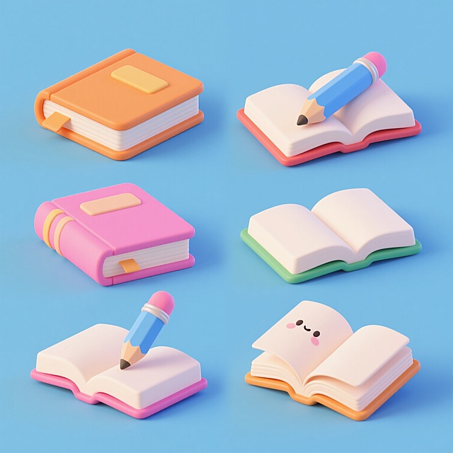 一系列6个不同造型的卡通风格书籍与铅笔组合插画，保持圆润可爱的3D立体造型、明亮柔和的光影效果、光滑渐变的材质质感，每幅均为纯色背景且整体色彩完全不同，元素内容包含一本翻开的橙色封面书籍叠放在一本粉色封面书籍上、一支带有粉色笔帽和蓝色笔身的铅笔斜靠在翻开的书页上，6个造型在保持核心元素不变的前提下进行铅笔摆放角度、书籍翻开幅度或书页卷曲细节的变化，所有插画规整排布形成集合，画面简洁明快，无文字信息