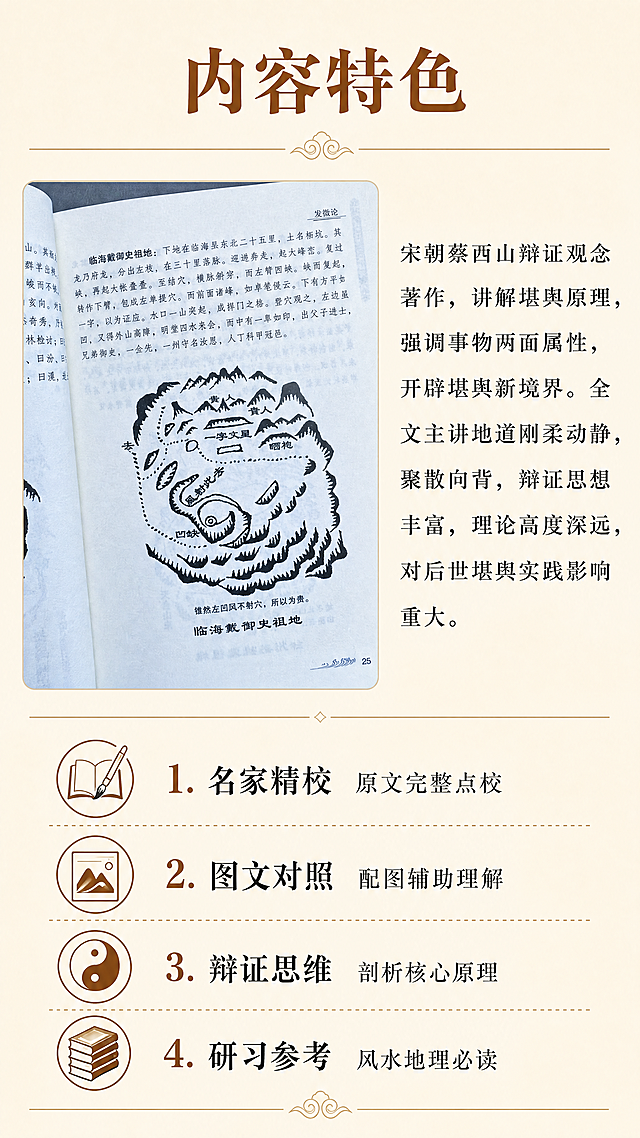 [第2屏] 内容特色介绍页-图解发微论核心卖点展示。本屏使用【图6】作为书籍内容参考。
[氛围/风格] 简洁雅致的中式排版，沉稳干净，突出文化典籍的专业感。
[元素布局] 页面上方放置主标题，中部引用书籍原文介绍文字，下方放置内容特色要点分栏。左侧留出小区域展示原书籍封面局部，右侧为文字内容，整体布局疏密得当，不拥挤。所有排版保持文字清晰易读，不遮挡关键信息。
[光影质感] 整体光照均匀柔和，文字与背景明暗对比适中，确保手机端阅读清晰。
[配色色系] 全局底色：#F8F3E6（浅米黄）；文字颜色：#222222（深褐黑）；标题文字：#8B4513（棕褐色）；分割线：#D2B48C（浅棕）。
[视角构图] 平面信息排版，从上到下阅读顺序，上下构图，信息分区明确。
[文字版式] 顶部主标题「内容特色」，棕褐色粗体居中，主标题下方正文介绍："宋朝蔡西山辩证观念著作，讲解堪舆原理，强调事物两面属性，开辟堪舆新境界。全文主讲地道刚柔动静，聚散向背，辩证思想丰富，理论高度深远，对后世堪舆实践影响重大。"，黑色正文排版行间距适中。下方分四个卖点要点：1. 「名家精校」原文完整点校；2. 「图文对照」配图辅助理解；3. 「辩证思维」剖析核心原理；4. 「研习参考」风水地理必读。每个卖点配小图标，左对齐排列。左侧小区域展示缩小版封面图，平衡构图。
[比例分辨率] 9:16竖版比例，4K分辨率，文字清晰可辨，超高清。
[负向提示词] 文字错乱，排版拥挤，颜色偏差，变形，水印，产品模糊。