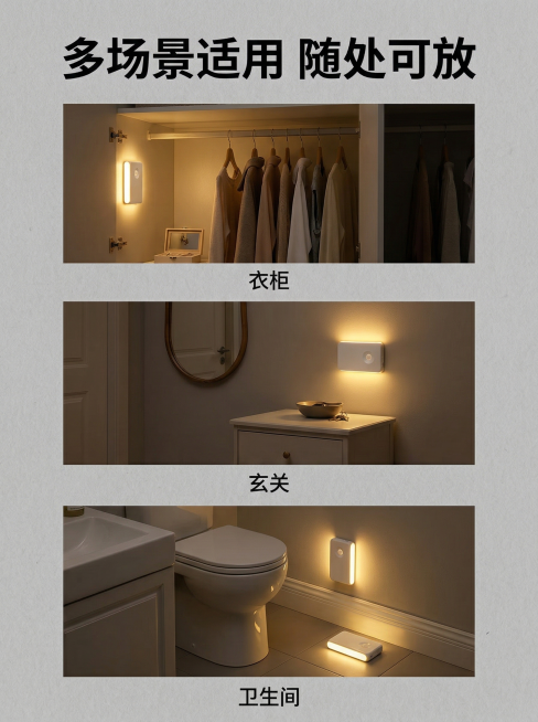 主图4：展示多场景使用适配，三格竖排拼图，分别展示小夜灯在衣柜、玄关、卫生间使用效果，每个场景都保持暖光氛围，画面顶部添加主标题"多场景适用 随处可放"，黑色无衬线粗体，每个小图下方标注场景名称，整体预览效果