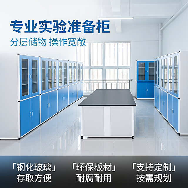 [主图-1] 实验室准备室成套实验家具首图。
[氛围风格] 专业现代简洁风，明亮干净的办公氛围。
[画质] 商业摄影质感，光线明亮通透，产品清晰真实，画面干净高级。清除原图中杂乱杂物和污渍，保持实验台和蓝色储物柜产品外观（物理结构、材质质感、蓝白配色）与输入产品图绝对一致，杜绝任何变形和色差，精细化处理。商品主体占比严格控制在70%左右，画面满屏无边框。
[元素] 画面中心展示完整的准备室全景，中央为深色实验台搭配白色支撑柜，两侧为蓝色带玻璃门储物柜，整体布局对称规整宽敞。背景保留大窗户，清理周围堆放杂物，墙面为干净白色，地面亮灰色瓷砖整洁干净。
[光影] 主光源为明亮的自然采光透过窗户，搭配均匀顶部室内照明，光线柔和明亮，产品明暗层次清晰，轮廓突出，没有生硬阴影。
[配色] 主色调为蓝白经典搭配，蓝色柜门搭配白色框架，实验台面深灰，墙面白色，整体干净专业。
[视角构图] 平视视角，居中对称构图，景深适中，产品完整不裁切。
[文字版式] 左侧负空间左对齐留安全边距，两行主辅文案不遮挡产品主体。大字文案“专业实验准备柜”蓝色粗体无衬线，辅助短句“分层储物 操作宽敞”字号缩小一半，同色系浅色调。底部通栏半透明渐变蒙层，均分三列左对齐展示卖点，第一列「钢化玻璃」「存取方便」，第二列「环保板材」「耐腐耐用」，第三列「支持定制」「按需规划」，短句在上说明在下，白字与暗底形成强对比，现代无衬线字体。
[比例分辨率] 1:1比例，2k分辨率，文字清晰可辨，超高清画质。
[负向提示词] 变形，水印，文字错乱，产品模糊，背景杂乱，脏乱杂物，污渍，配色刺眼，遮挡主体