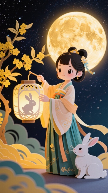 Q版古装少女身着襦裙，轻提映有玉兔剪影的镂空灯笼，身侧蜷坐玉兔互动，中景巨大满月边缘晕染暖金柔光，背景深邃星空，四周动态金黄桂花枝，梦幻温馨喜庆氛围，预览效果