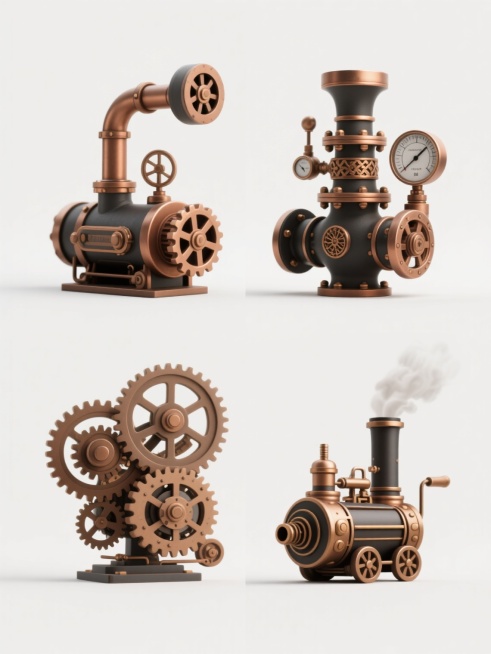 蒸汽朋克风格的系列素材集合，白色纯色背景，四个完全不同造型的蒸汽元素规整排布成2x2网格。每个元素都具有复古机械感，包含齿轮、管道、阀门等典型蒸汽朋克元素，线条细腻流畅，采用棕色、铜色、黑色等复古色调，光影柔和，营造出怀旧而精致的氛围。第一个元素是带有弯曲管道和旋转齿轮的蒸汽动力装置，第二个是装饰华丽的蒸汽阀门与压力表组合，第三个是复杂的齿轮传动系统，第四个是带有烟囱和排气口的小型蒸汽引擎，所……预览效果