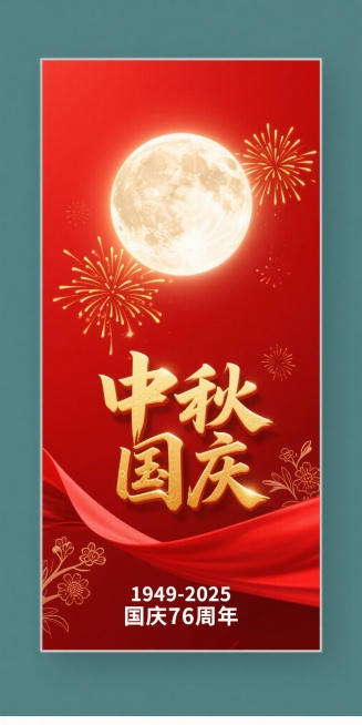 现代节庆风格海报，红色为主基调，金色点缀，热烈喜庆氛围，简洁大气。垂直构图，上方一轮明亮圆月为视觉焦点，周围环绕金色烟花；中部偏下位置有金色立体效果主标题文字“中秋国庆”；底部有飘逸红色飘带和简约花卉预览效果