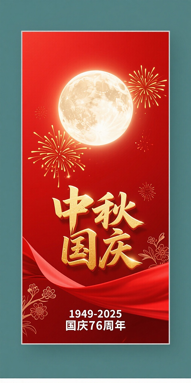 中秋国庆，大字鎏金风设计，红色喜庆背景，烟花点缀，国潮感十足。