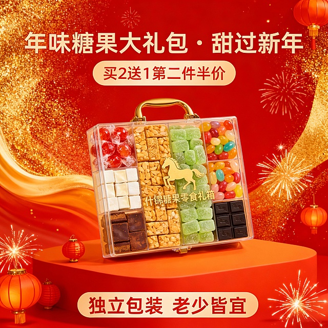 马年年货节零食促销海报，竖版系列风，红金渐变背景 + 流动金粉光效，核心产品为主体，主体在橙红色台上，周围点缀迷你红灯笼与烟花特效，主标题 “年味糖果大礼包・甜过新年”，副标题 “买 2 送 1 第二件半价”，底部标注 “独立包装 老少皆宜”，视觉鲜艳吸睛，凸显甜蜜年味。