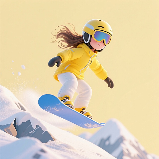 画面主视觉是腾空的女孩，从雪山上冲下来，身着亮黄色滑雪服、白色雪裤，佩戴头盔与可视护目镜，脚踩蓝色单板，呈动感滑行姿态。浅黄色纯色背景