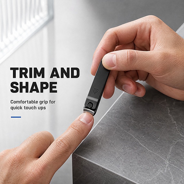 [主图-4] Men's Nail Care Travel Kit — Matte Black Manicure Set with Nail Clipper Tweezers Cuticle Scissors Nail File and Travel Case 使用动作图。唯一任务：展示真实的修甲使用动作，说明工具握持顺手、下手好控制；本图不重复盒内固定、材质微距与尺寸清单。
[统一基调] 明亮冷调的高端男士个护电商信息图；冷灰白到浅灰渐变底、深灰石纹与磨砂玻璃为环境色；主标题深碳黑，辅助文案中灰，强调色冷钢蓝；全套只用一种几何无衬线粗体字，标题最粗最大、辅助文案缩小五成以上且只变字号层级不换字体；组件统一为 12px 圆角白卡配 1px 浅灰描边与 2px 线性图标；光影统一左上方明亮柔光、产品下方自然接触阴影。
[画面] 深灰磨砂玻璃与浅灰石纹台面的洗漱区真实弱场景，背景柔焦、无杂物；画面右侧为局部手部取景：欧美成年男性的一只手，手掌宽厚、指节清晰、指甲修整干净，拇指与食指捏住娅光黑指甲钳的压柄，另一只手的一根手指自然搭在台面边缘稳定姿势，指甲钳刀口正对指甲边缘贴合、角度自然，刃口与指甲的接触点清楚；画面只出现两只手的局部，不出现面部与全身；画面左侧留白区放主标题 "TRIM AND SHAPE"，下方一行中灰辅助文案 "Comfortable grip for quick touch ups"。
[光影质感] 明亮柔和的窗光从左上照入，手部、指甲钳与台面有真实接触阴影，娅光黑表面有柔和反光，肤色干净通透、无过度锐化，指甲边缘细节清楚。
[配色] 深灰与浅灰环境色；深碳黑标题、中灰辅助文案；冷钢蓝只作强调色。
[文字版式] 沿用统一几何无衬线粗体；主标题最粗最大且全大写，辅助文案缩小五成以上；横排放于留白区，不遮挡手部与产品。
[输出要求] 比例 1:1（2048×2048）；负向：多余手指、畸形手、手指穿模、刀口与指甲接触关系错误、产品变形、中文文字、错字、水印、平台 Logo。