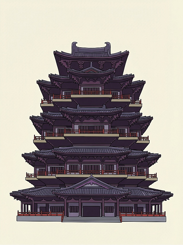 将图中的古建筑楼转为卡通插画风格，保留建筑结构，仅保留楼的部分，去掉其他无关元素