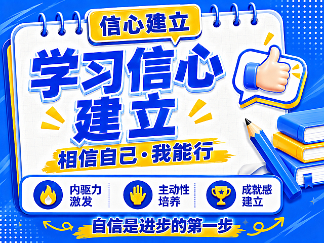 3D卡通风格开学季推广海报，蓝黄配色，参考示例图风格。画面主体是白色线圈笔记本背景，带网格纹理。顶部黄色圆角对话框标签写着"信心建立"。中央超大号蓝色立体字主标题"学习信心建立"，带白色描边，视觉冲击力强。副标题"相信自己·我能行"，蓝色字体配黄色笔刷底纹。底部三个圆形图标卖点区：第一个火焰图标配文字"内驱力激发"，第二个举手图标配文字"主动性培养"，第三个奖杯图标配文字"成就感建立"。最底部黄色箭头装饰配文字"自信是进步的第一步"。右侧装饰元素：堆叠的书本、蓝色铅笔、大拇指点赞图标。整体蓝色渐变背景带白色波点装饰，活泼明亮，文案醒目突出，适合手机端阅读。画面中所有信息区域必须填充完整合理的内容，不得出现空白框。