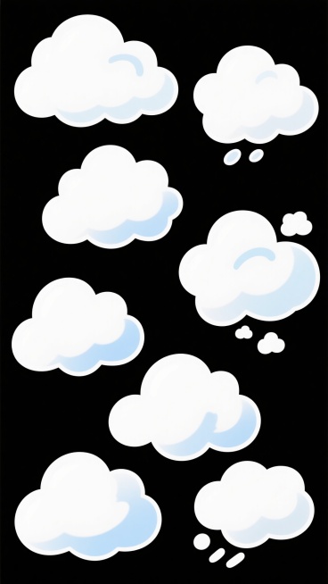 8个不同形态的云朵，采用卡通手绘风格，云朵主体为白色，底部带有渐变的浅蓝色阴影，边缘有柔和的白色高光，线条圆润流畅，整体呈现出轻盈、可爱、蓬松的质感，背景为纯白色，云朵分布均匀，每个云朵都有独特的造型，有的大而厚实，有的小而精致，有的呈团状，有的带有飘逸的小云朵点缀，营造出轻松愉快的氛围。预览效果