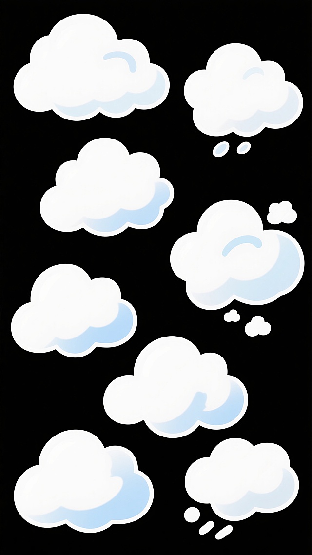 8个不同形态的云朵，采用卡通手绘风格，云朵主体为白色，底部带有渐变的浅蓝色阴影，边缘有柔和的白色高光，线条圆润流畅，整体呈现出轻盈、可爱、蓬松的质感，背景为纯白色，云朵分布均匀，每个云朵都有独特的造型，有的大而厚实，有的小而精致，有的呈团状，有的带有飘逸的小云朵点缀，营造出轻松愉快的氛围。