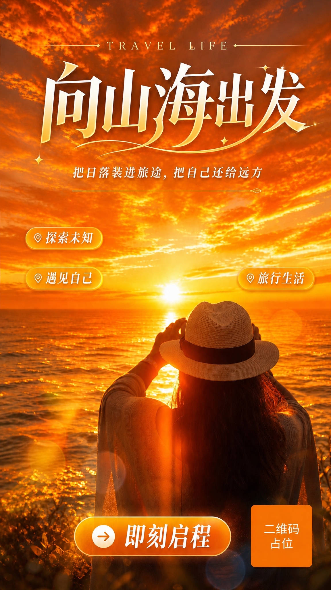 将整张海报的整体色调调整为落日橘黄色系，去掉紫色和玫红色调。天… - 图片创意预览