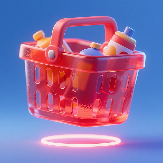 未来感购物篮，软3D风设计，塑料质感，悬浮效果，科技与日常结合。
