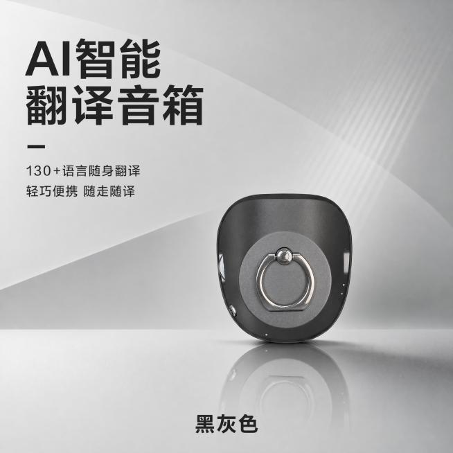 调整图二黑灰色AI智能翻译音箱的产品尺寸，改成和图一产品一样大小。保持文字内容、背景、配色、整体设计完全不变，只缩小产品尺寸，让产品占比和位置与图一保持一致，整体版式协调。负向提示词：变形，文字错乱，预览效果