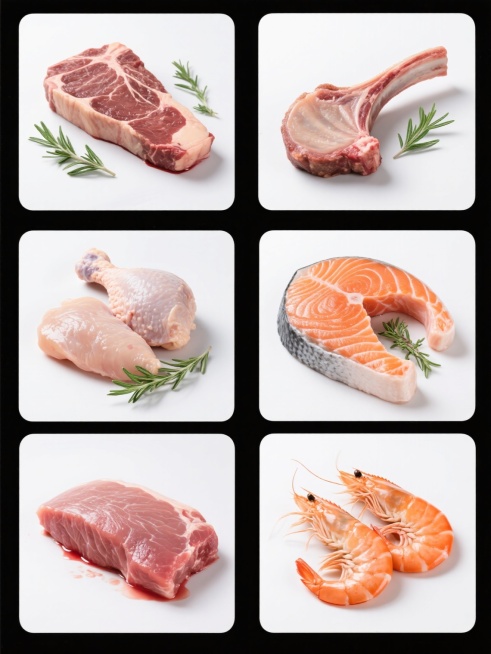 一系列6个完全不同的生鲜肉类元素集合，每个元素均为高分辨率摄影风格，展现不同种类的优质生肉（如牛排、羊排、鸡腿肉、三文鱼排、猪里脊、虾），肉质纹理清晰，色泽鲜亮自然，表面带有新鲜的光泽和少量自然血水，点缀以绿色香草枝叶（如迷迭香、百里香），统一置于纯白色纯色背景上，元素之间排布规整，保持一致的间距和视觉平衡，整体构图简洁干净，突出食材的新鲜感和品质感，适合作为生鲜食品电商或超市的系列素材集合。预览效果