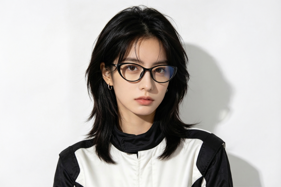 给照片中的女士戴上参考图中的黑色猫眼防蓝光眼镜，保持原照片的人物、发型、服装、光线和背景不变，自然融合，调整眼镜位置和大小适配面部预览效果