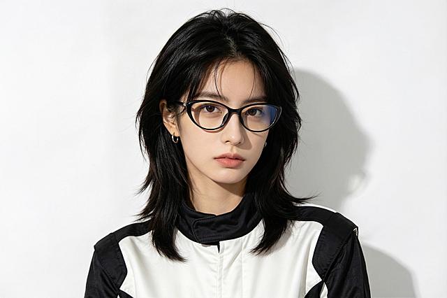 给照片中的女士戴上参考图中的黑色猫眼防蓝光眼镜，保持原照片的人物、发型、服装、光线和背景不变，自然融合，调整眼镜位置和大小适配面部