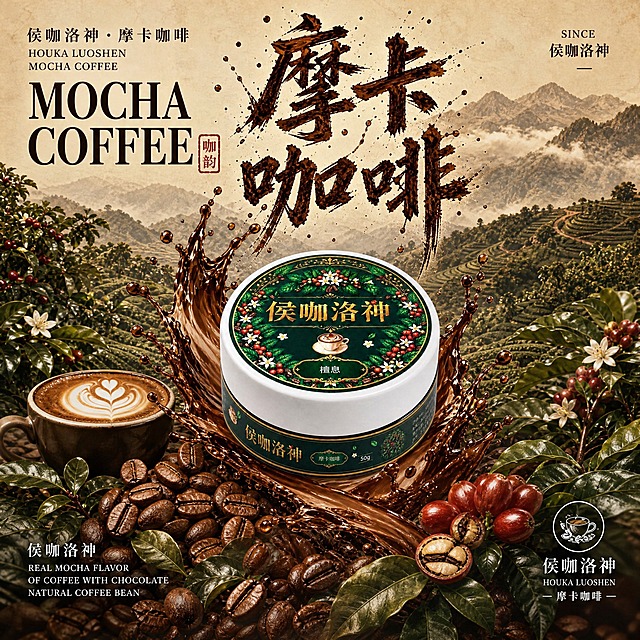 参考伯爵红茶爆款主图的版式风格，生成摩卡咖啡（檀息）口味的同系列主图。保持参考图的构图结构、文字布局、国风山水意境和书法大字形式不变，但将所有口味相关元素改为摩卡咖啡主题。产品罐本身的外观、文字、图案必须与用户提供的产品图完全一致，不得做任何改变。

[画面主体] 画面正中央放置侯咖洛神摩卡咖啡（檀息）圆形茶罐，茶罐为白色罐身配深绿色标签，罐盖顶面有金色'侯咖洛神'大字和'檀息'小字，周围环绕红色咖啡果、烘焙咖啡豆、白色小花和绿叶图案，中间有拉花咖啡杯图案；罐身侧面有'侯咖洛神'金色字、'摩卡咖啡'标签和'50g'字样。茶罐外观、颜色、结构、文字、图案必须与用户提供的产品图完全一致，不得变形、变色、错字、改动任何细节。茶罐占画面约40%-50%，居中略偏下，正面微俯视角度。

[构图版式] 完全沿用参考图的版式结构：顶部中央为超大书法大字，左上区域为品牌名和英文，右上为SINCE品牌名，左下为品牌英文说明，右下为品牌圆形Logo和中英文品牌名。产品居中，周围环绕液体飞溅、咖啡豆和咖啡树场景。

[场景元素] 背景改为咖啡庄园山景，远山层叠云雾缭绕，整体色调偏深棕暖咖色系。前景左右两侧为茂密的咖啡树绿植，点缀白色咖啡花和红色咖啡果实。茶罐周围有深棕褐色摩卡咖啡液飞溅的动态效果，液滴四散，充满动感，咖啡液带丝滑奶泡质感。茶罐左下方有烘焙咖啡豆堆和拉花咖啡杯，右下方有红色咖啡果和剥开的咖啡豆，底部前景有烘焙咖啡豆和咖啡叶，整体营造高山咖啡庄园醇厚氛围。将参考图中的柑橘佛手柑红茶元素全部替换为摩卡咖啡相关元素（咖啡豆、咖啡果、咖啡杯、巧克力色调）。

[文案版式] 文字位置与参考图一致，内容改为摩卡咖啡主题：
- 顶部中央：超大书法字体'摩卡咖啡'四个字，深棕褐色咖啡渍飞溅效果，笔画粗犷有力，带飞白和咖啡颗粒感
- 左上角：'侯咖洛神·摩卡咖啡' 中文，下方 'HOUKA LUOSHEN' 'MOCHA COFFEE' 英文大写衬线体
- 左上角MOCHA COFFEE旁有红色印章'咖韵'二字
- 右上角：'SINCE' 小字英文，下方 '侯咖洛神' 中文，中间一条短横线
- 左下角：'侯咖洛神' 中文，下方三行英文 'REAL MOCHA FLAVOR' 'OF COFFEE WITH CHOCOLATE' 'NATURAL COFFEE BEAN'
- 右下角：圆形线条Logo（内含咖啡杯图案），下方 '侯咖洛神' 中文，再下 'HOUKA LUOSHEN' 英文，最下 '— 摩卡咖啡 —'
所有文字清晰可读，字体风格与参考图一致。

[光影质感] 自然柔光，主光从上方偏前照射，茶罐表面有自然高光和阴影，摩卡咖啡液飞溅有丝滑通透光泽，咖啡豆有烘焙油润质感，整体商业摄影级画质，景深适中，主体清晰。

[配色] 整体暖米色调背景，深绿咖啡树林，深棕褐色书法大字，深棕带奶泡质感的咖啡液，红棕色咖啡豆与咖啡果，整体色调醇厚温暖，符合摩卡咖啡香浓丝滑调性。

[比例] 1:1正方形，2K分辨率，文字清晰，产品清晰完整。

[负向] 禁止产品变形、禁止改动产品罐上的任何文字和图案、禁止错字、模糊、水印、平台Logo、多余人物、画面杂乱、茶罐标签文字错误、悬浮感、边缘硬切、出现柑橘佛手柑或红茶元素。