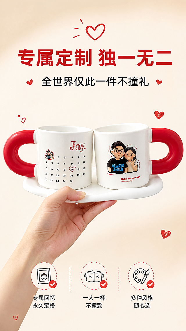 [第2屏] 核心卖点-专属定制，全世界仅此一件不撞礼。
[氛围/风格] 简约高级风格，干净明亮，突出定制专属价值感。
[元素布局] 画面上方为大标题区域，中间区域展示【图1】中一对情侣杯放在白色托盘上被手捧着的产品图，保持产品外观结构颜色与原图一致，杯子占据画面中心区域，背景为浅米色渐变，周围点缀细小红色爱心装饰元素，底部放置卖点文字信息区域。
[光影质感] 均匀柔和布光，产品清晰通透，阴影自然，整体明亮干净。
[配色色系] 全局底色：#FAF0E6（浅米色）；主体配色：#FFFFFF+#E53935；辅助色：#E53935（标题红）+#212121（文字黑）。
[视角构图] 正面居中构图，产品在画面中占比约60%，标题在上，产品在中，卖点在下，阅读动线清晰。
[文字版式] 顶部主标题「专属定制 独一无二」红色粗体居中；副标题「全世界仅此一件不撞礼」黑色居中；底部分三点排列卖点：✓ 专属回忆永久定格 ✓ 一人一杯不撞款 ✓ 多种风格随心选，图标+文字组合排版，清晰易读。
[比例分辨率] 9:16竖版比例，4K分辨率，文字清晰可辨，超高清。
[负向提示词] 产品变形，颜色错误，文字模糊，背景杂乱，水印。