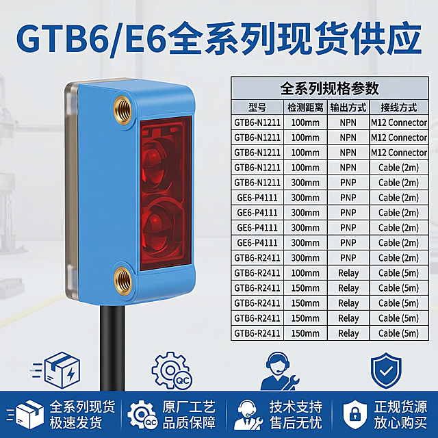 [主图-5] GTB6/E6系列全系列规格展示与售后保障；保持产品外观结构颜色与输入一致，精细化处理；顶部大字型号标题为"GTB6/E6全系列现货供应"，蓝色粗体；中部展示单传感器主体，右侧整齐排列全系列规格参数表格；包含项目：型号、检测距离、输出方式、接线方式；底部通栏均匀分布四个服务卖点：全系列现货 极速发货、原厂工艺 品质保障、技术支持 售后无忧、正规货源 放心购买；每个卖点配小图标，文字清晰；背景浅灰色工业风，干净简洁，信息层级分明，产品占比约50%；1:1比例，1440*1440，超高清；负向提示词：变形，文字错乱，产品模糊，背景杂乱，水印，平台Logo，原装正品德国