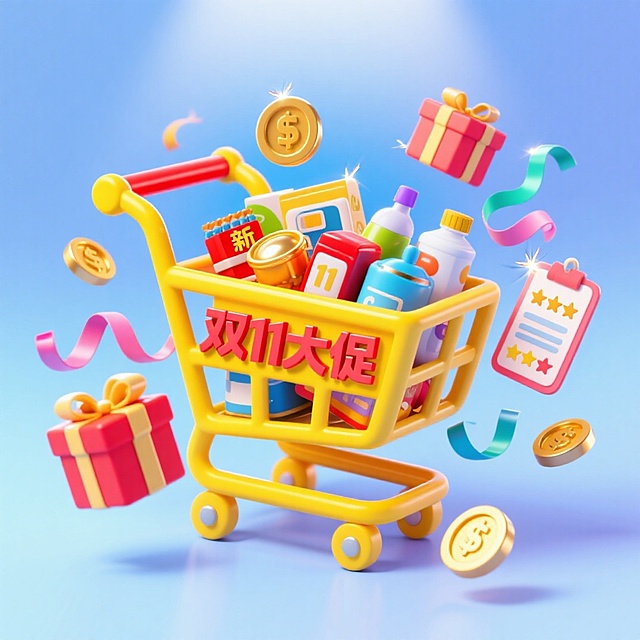 软3D风格购物车满载商品，搭配卡通化礼物与金币，营造可爱活泼的双11促销氛围，塑料质感增强体积感与视觉冲击。